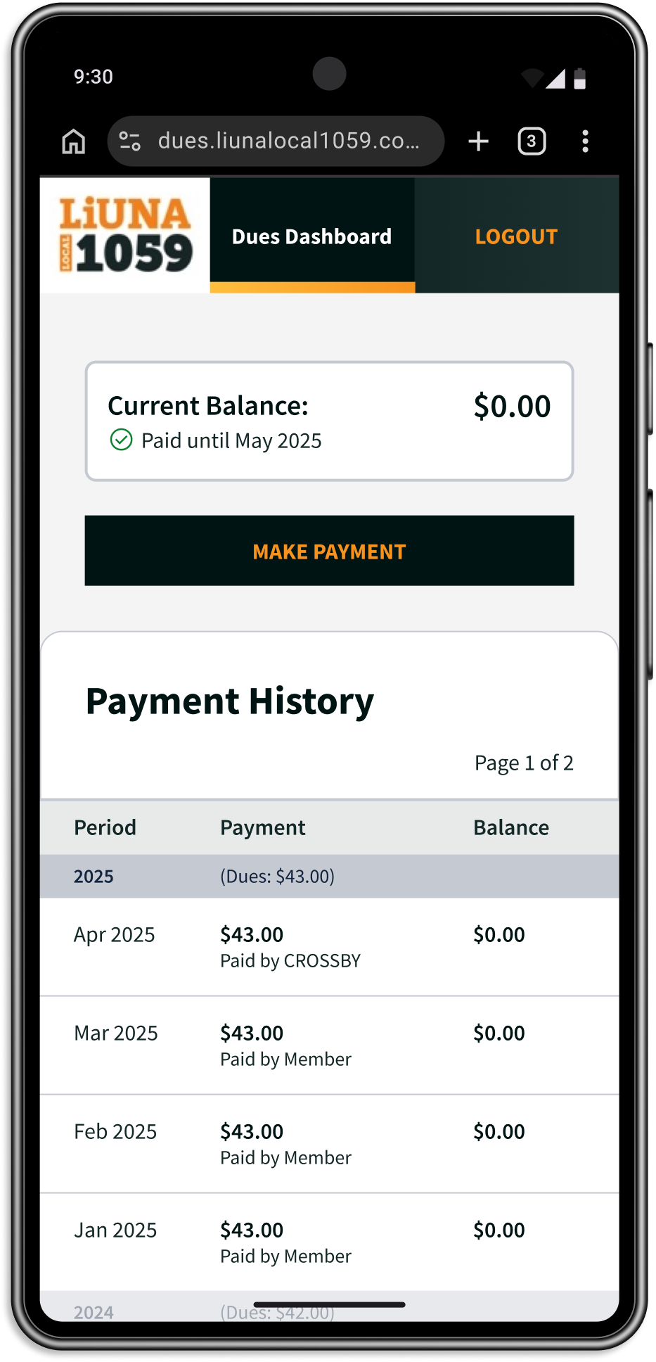 A phone screen showing the redesigned dues dashboard.